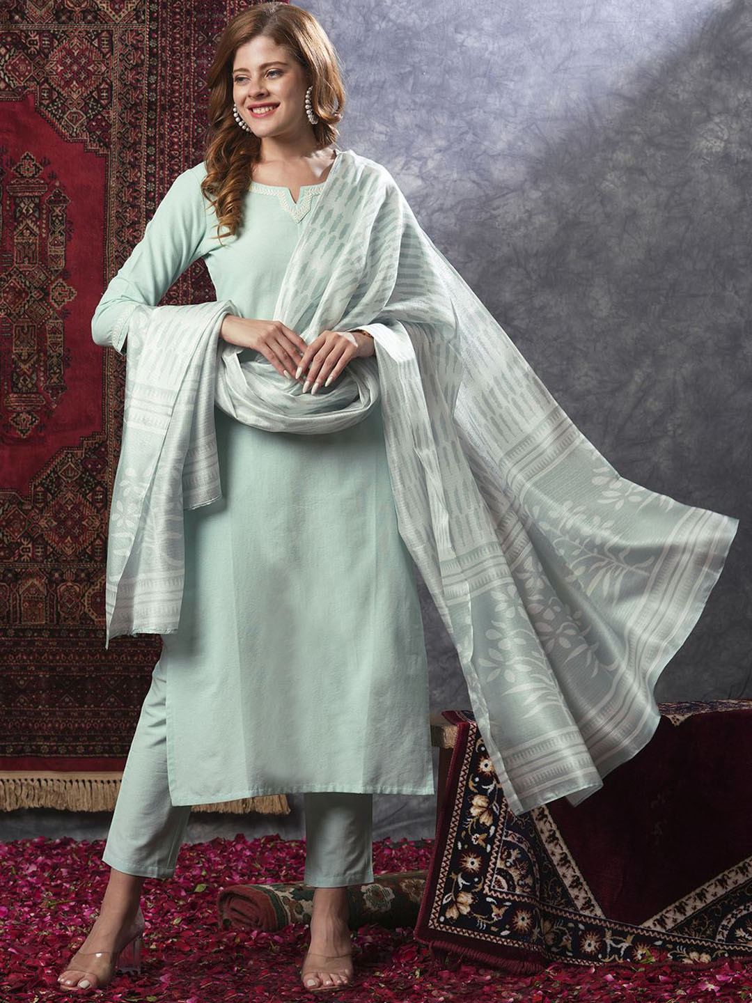 Anni Designer Round Neck Straight Kurta With Trousers & Dupatta