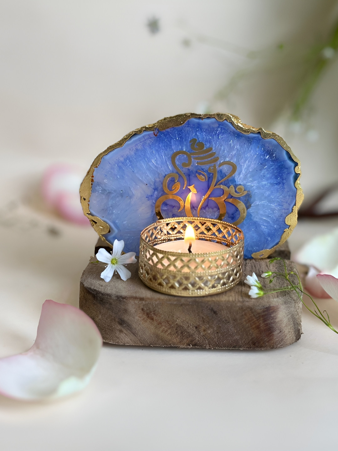 HOMEARTE Blue & Gold-Toned Ganesh Ji Printed Wooden Tea Light Candle Holder