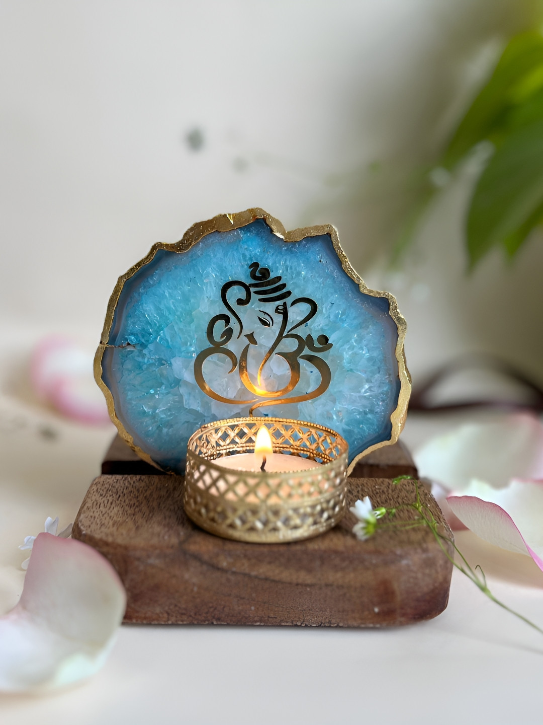 HOMEARTE Turquoise Blue & Gold-Toned Ganesh Ji Printed Wooden Tea Light Candle Holder