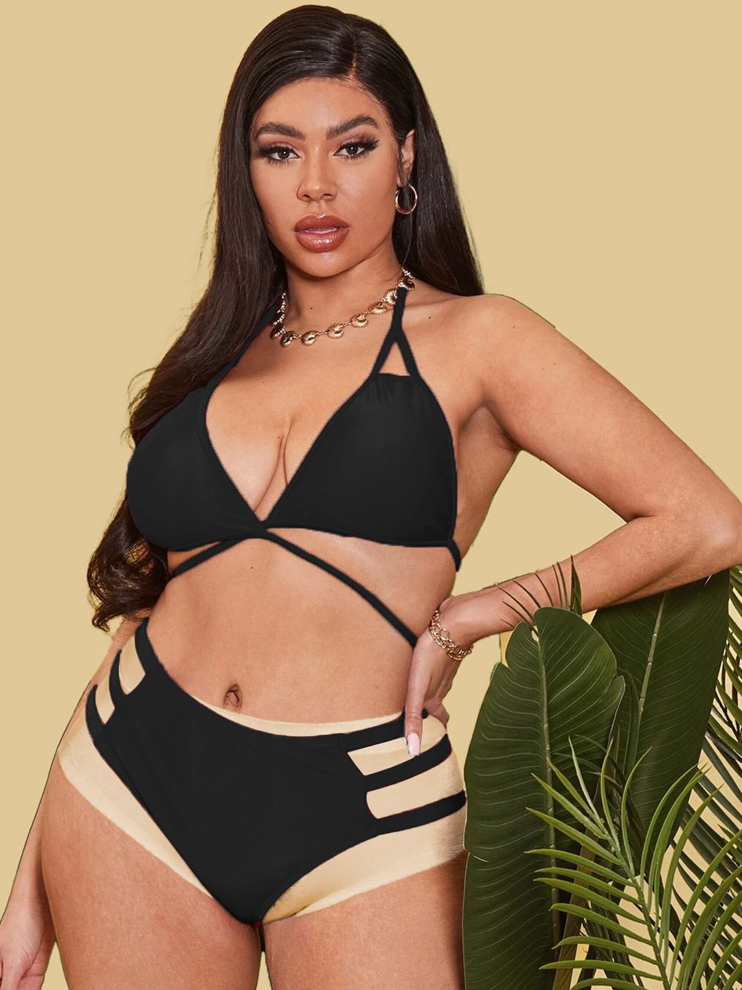 KRENOZ  Cut Out Halter Neck Non-Padded Lingerie Set