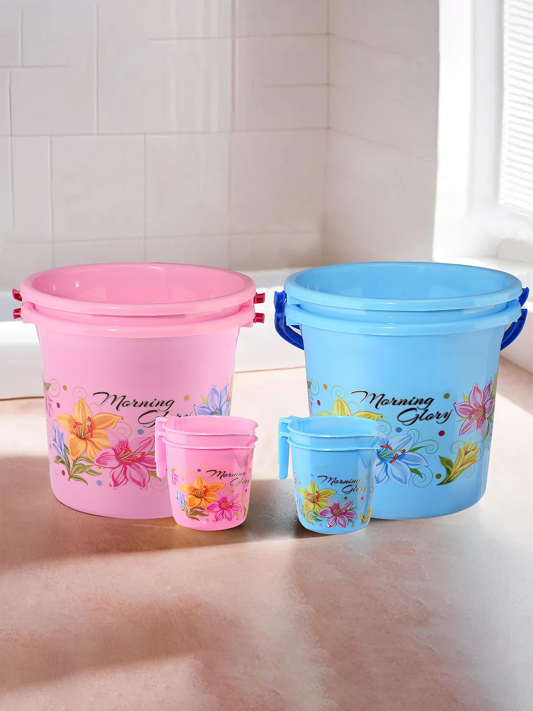 Kuber Industries Pink & Blue 8 Pieces Floral Printed Buckets With Mugs