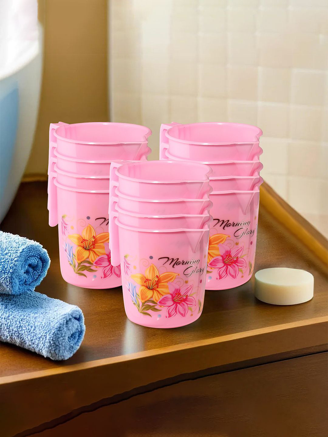 Kuber Industries Pink & Yellow 12 Pieces Floral Printed Bathroom Mugs