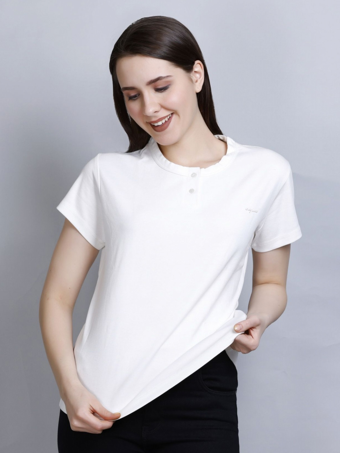 CUPID Women Solid Round Neck Cotton Casual T-shirt