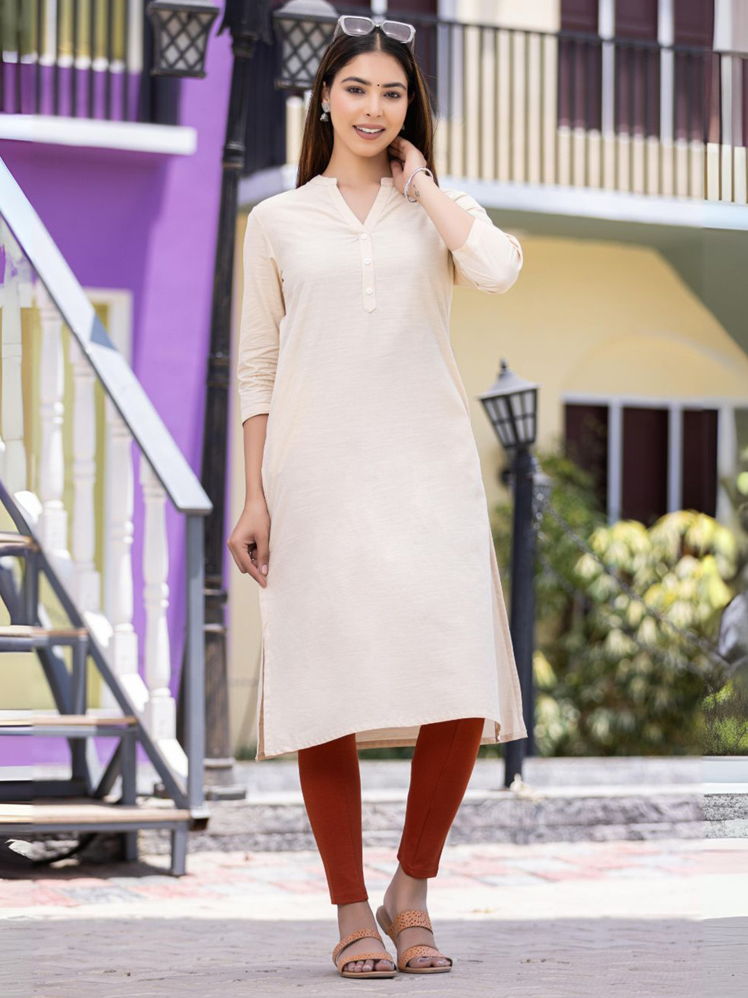 Mlada Women Solid Straight Long Cotton Kurta