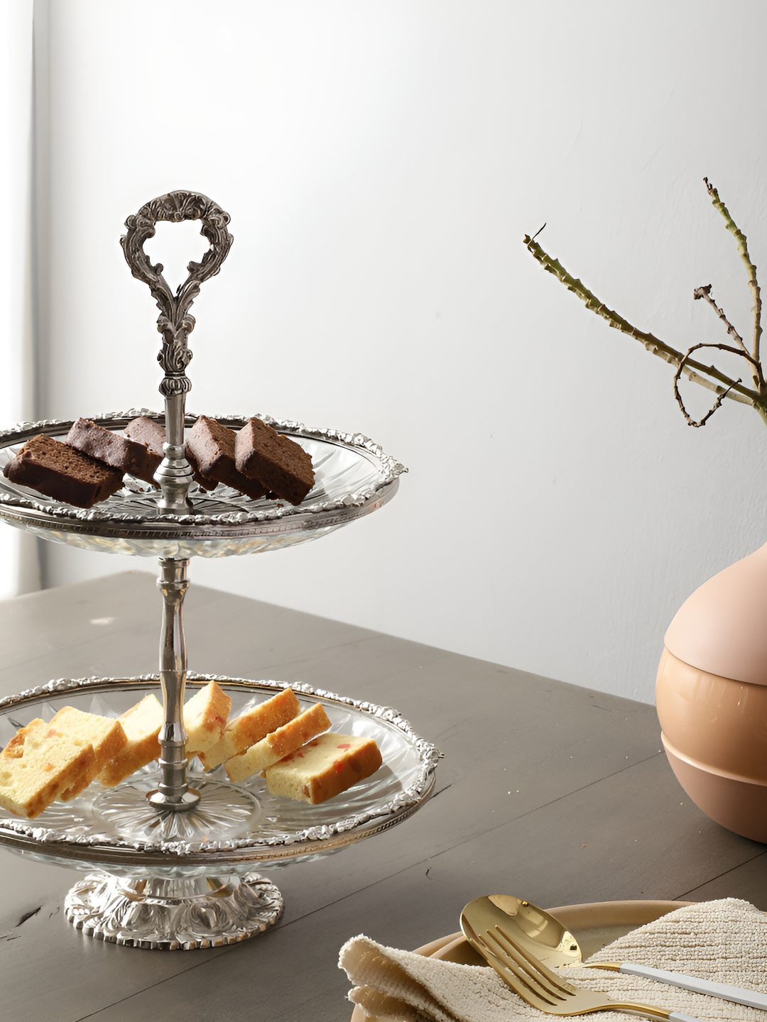 Decor de Maison Silver Toned Spearhead Crystal Double Brass Cake Stand