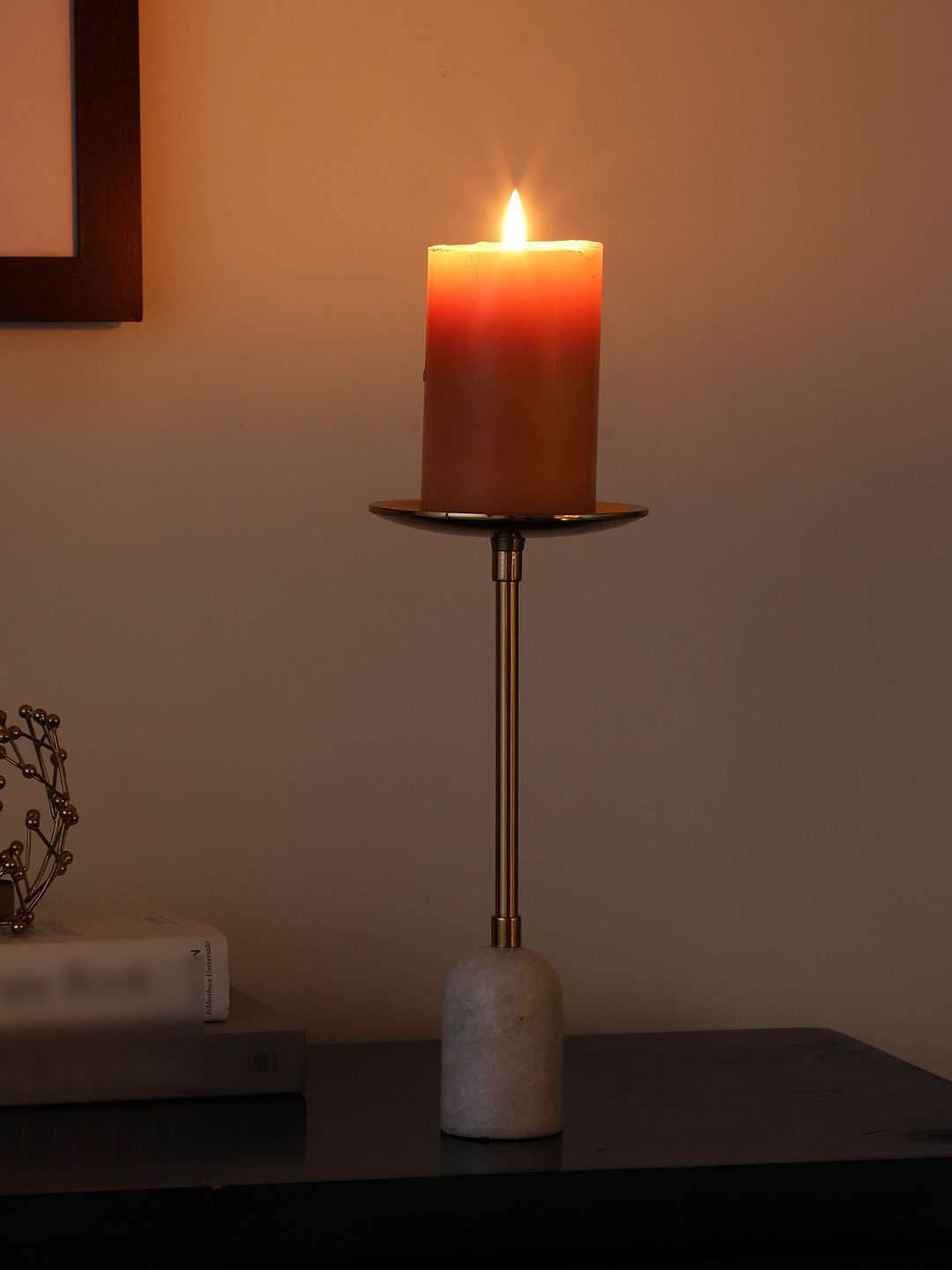 Decor de Maison Gold Toned & White Pillar Aluminium Candle Holder