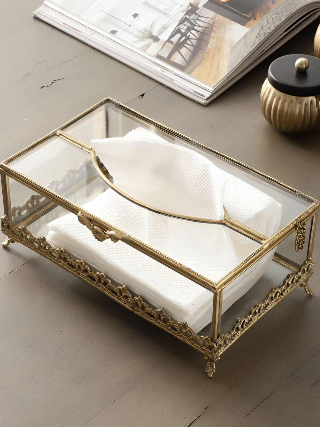 Decor de Maison Transparent & Gold Toned Floral Scroll Tissue Holders