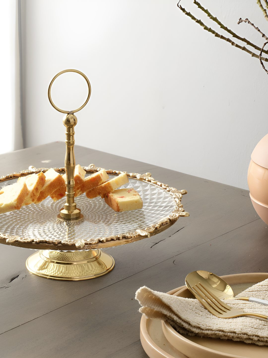 Decor de Maison Gold Toned Crystal Spike Brass Cake Stand