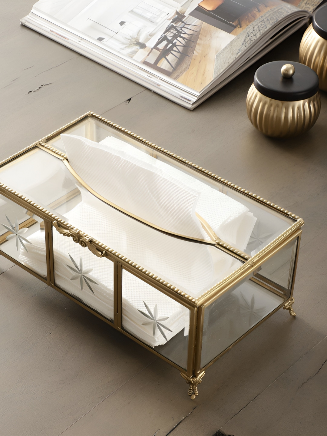 Decor de Maison Transparent & Gold Toned Starlight Glass Tissue Holders