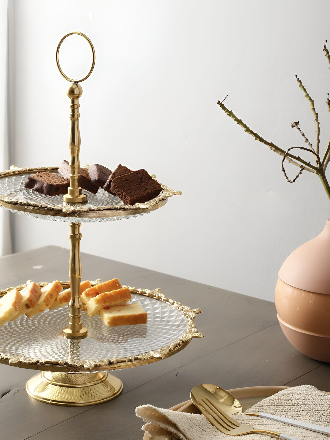 Decor de Maison Gold Toned Crystal Spike Double Brass Cake Stand