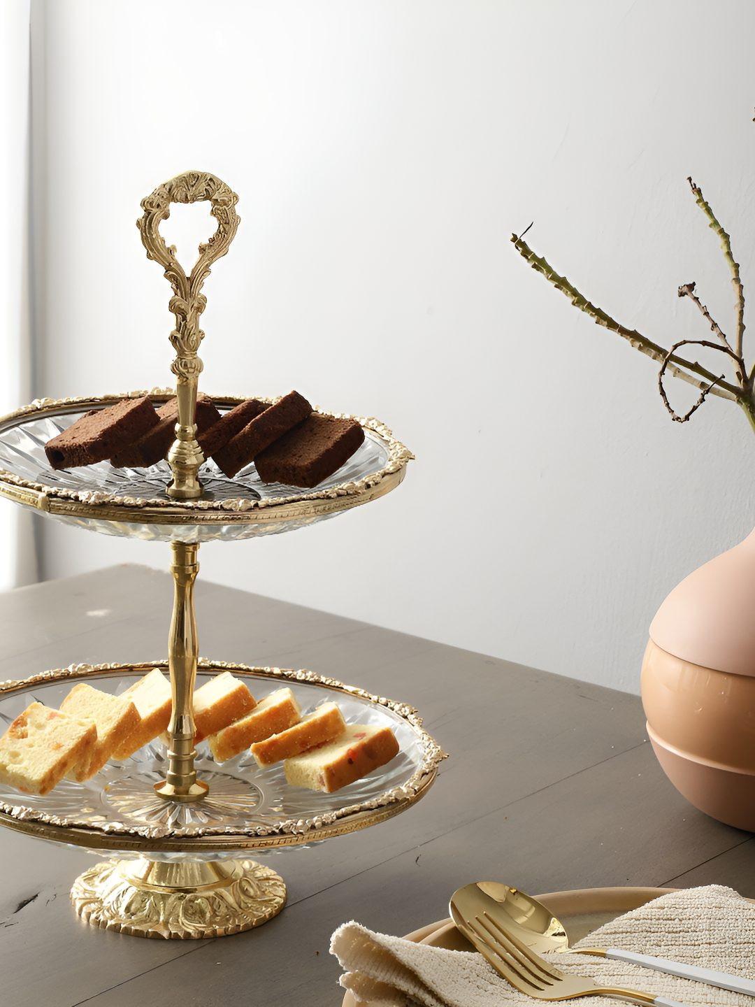Decor de Maison Gold Toned Spearhead Crystal Double Brass Cake Stand