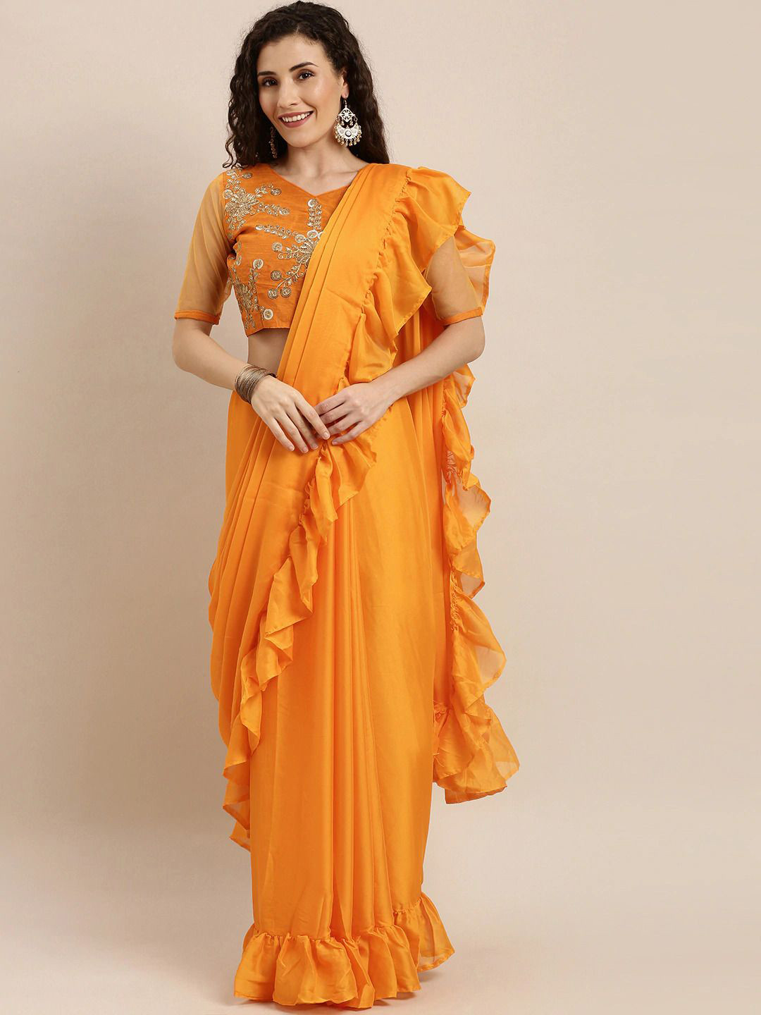 KULNAARI Solid Ruffles Saree With Blouse Piece