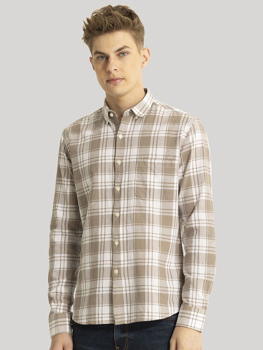 Snitch Men Smart Button-Down Collar Checked Cotton Linen Slim Fit Casual Shirt