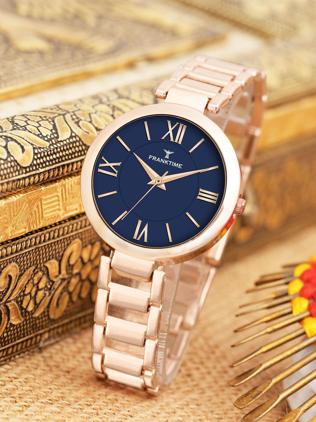 Franktime Women Brass Patterned Dial & Stainless Steel Bracelet Style Straps Analogue Watch FT-0040 BURL