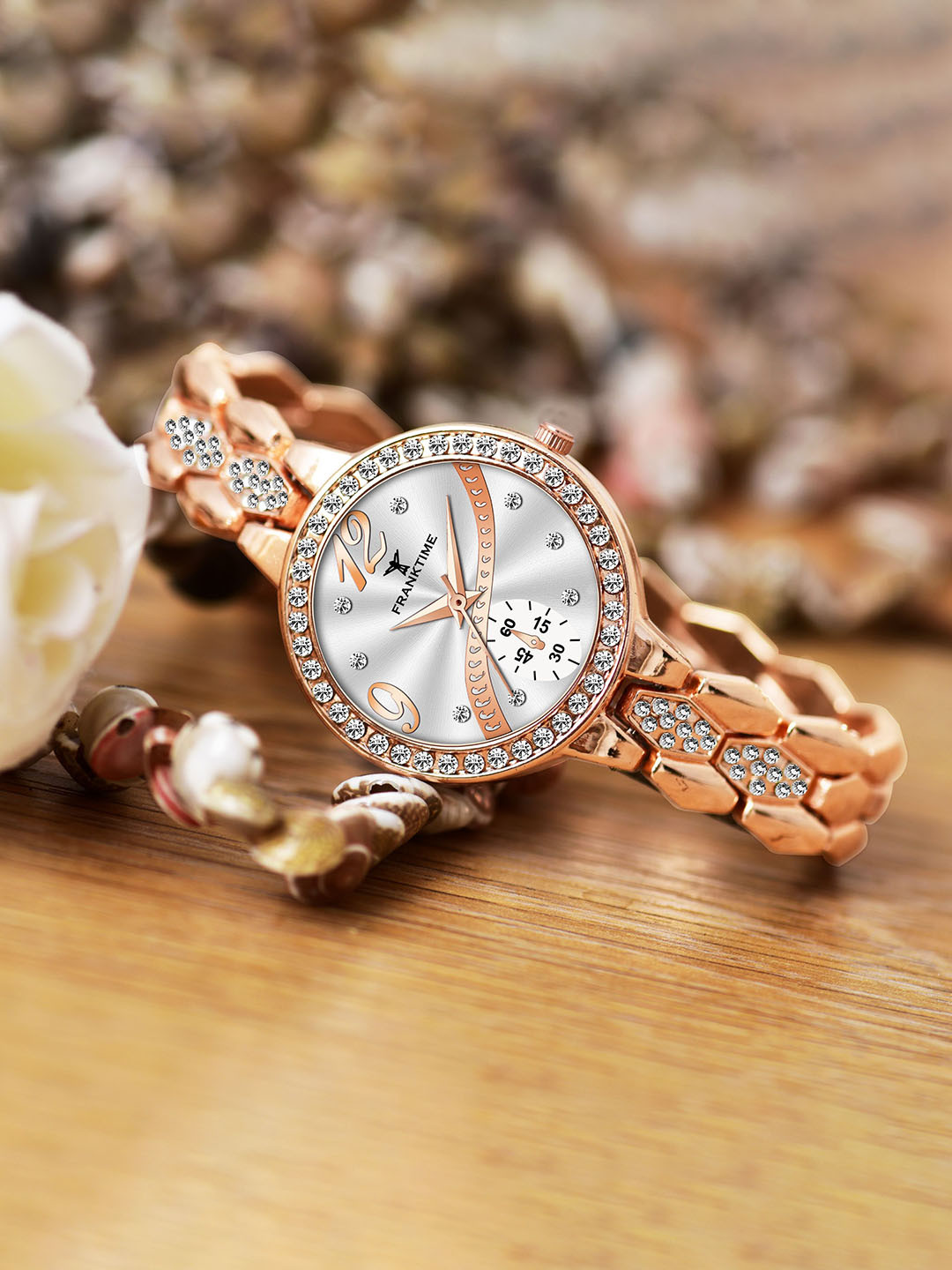 Franktime Women Brass Embellished Dial & Stainless Steel Bracelet Style Straps Analogue Watch FT-0043 R