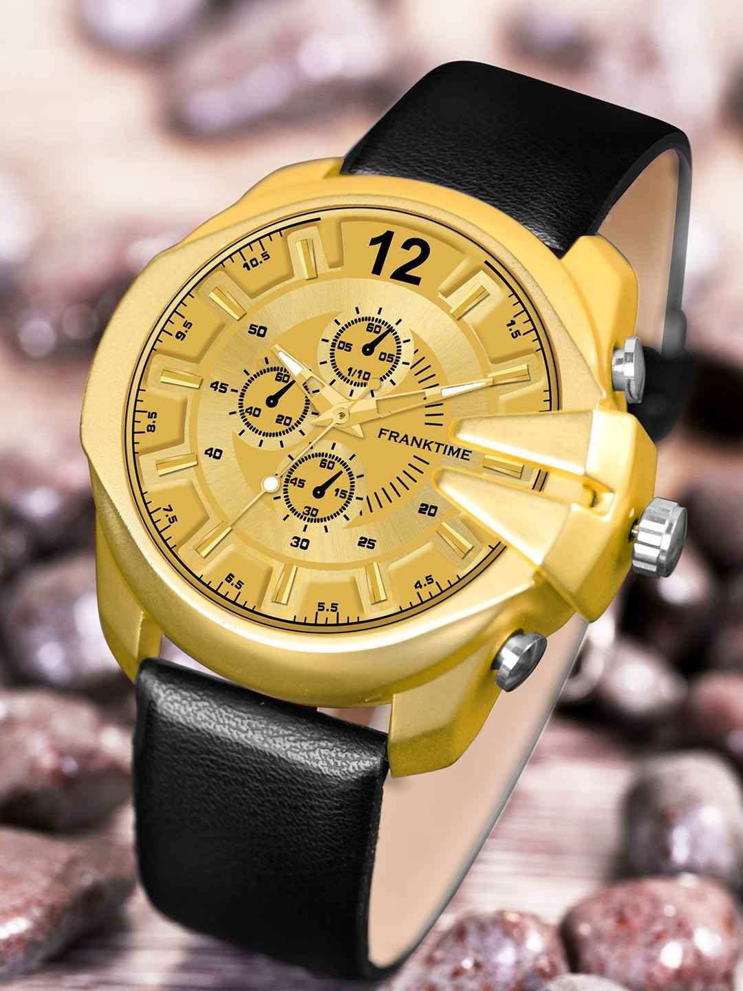 Franktime Men Brass Dial & Leather Straps Analogue Watch FT-00018 G