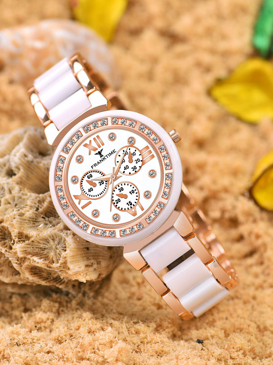 Franktime Women Brass Embellished Dial & Stainless Steel Bracelet Style Straps Analogue and Digital Watch