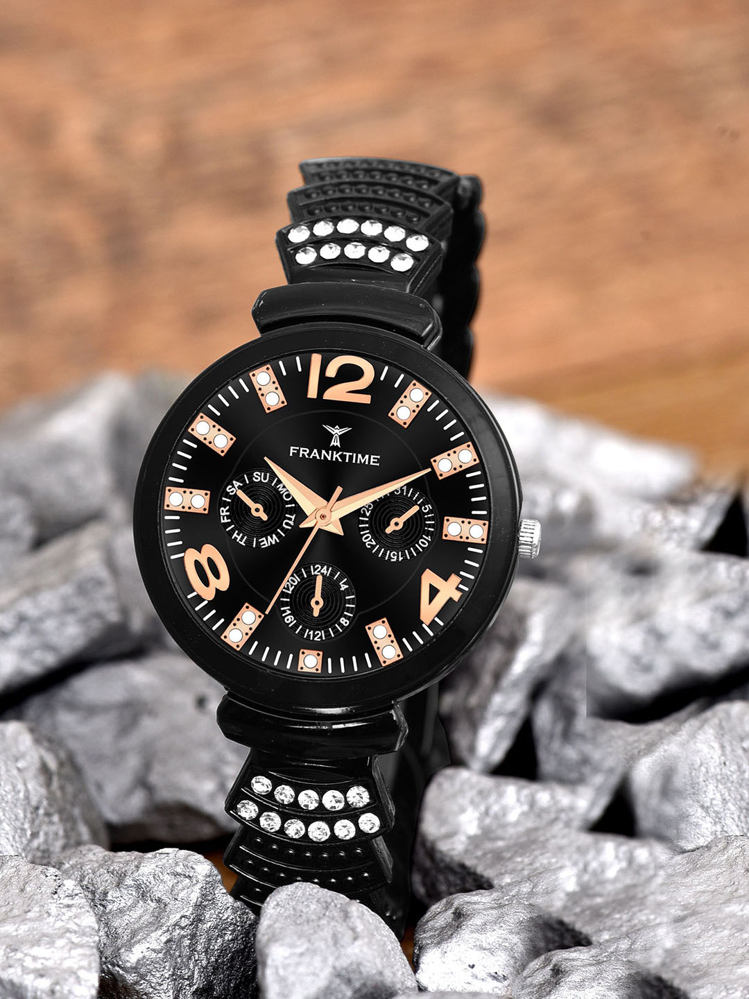 Franktime Women Brass Embellished Dial & Stainless Steel Textured Straps Analogue Watch FT-0028 B