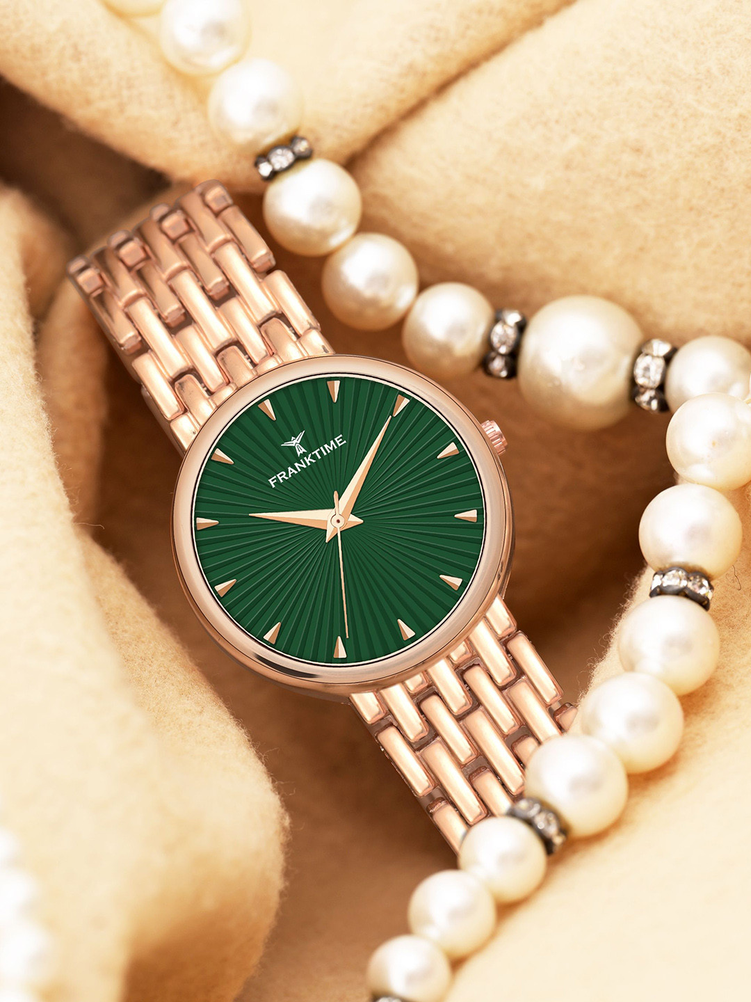 Franktime Women Brass Embellished Dial & Stainless Steel Bracelet Style Straps Analogue Watch FT-0039 GNRL