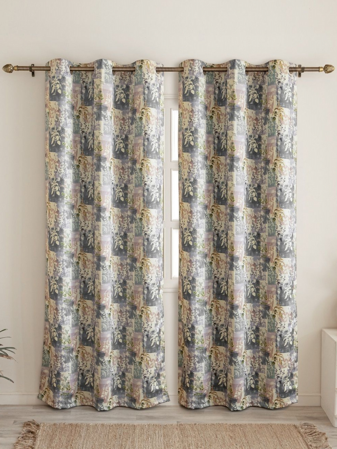 HOMEMONDE Grey & Pink 2 Pieces Floral Black Out Long Door Curtain