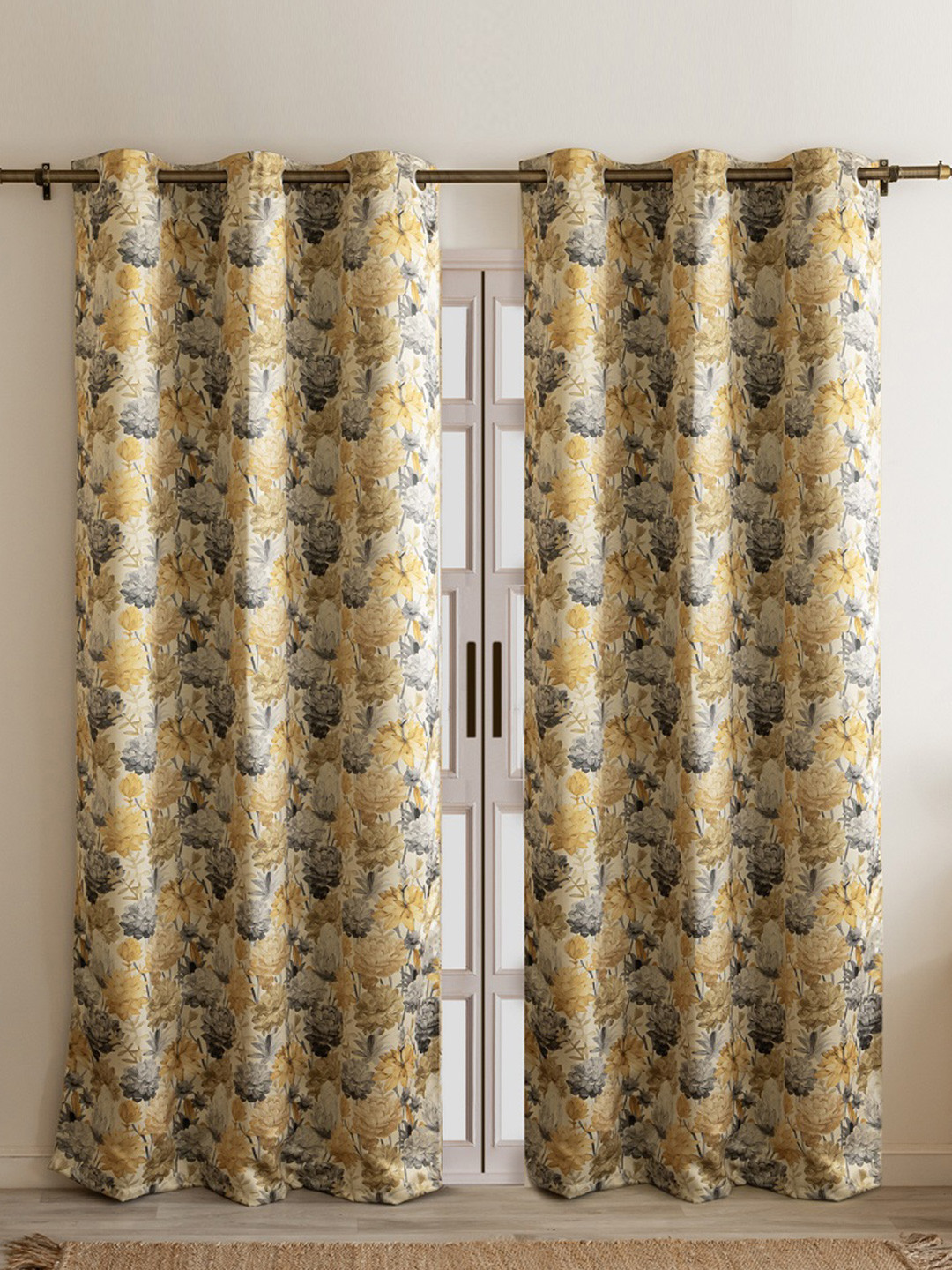 HOMEMONDE Yellow & Grey 2 Pieces Floral Printed Black Out Door Curtains
