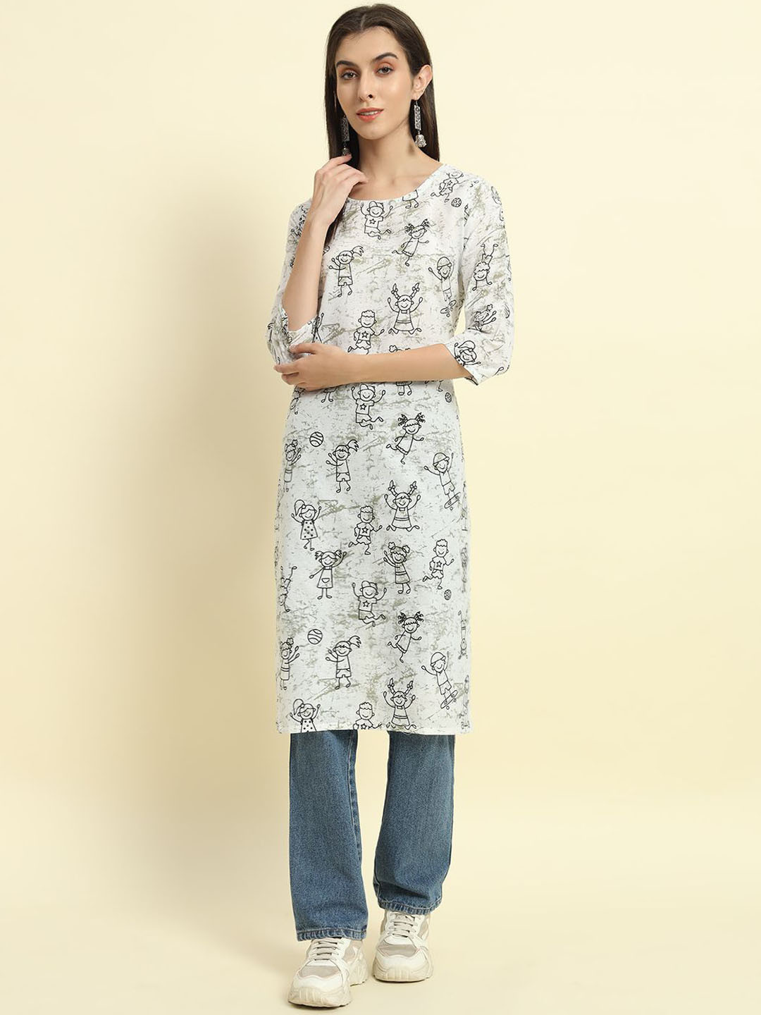 SURHI Conversational Printed Round Neck Cotton Straight kurta