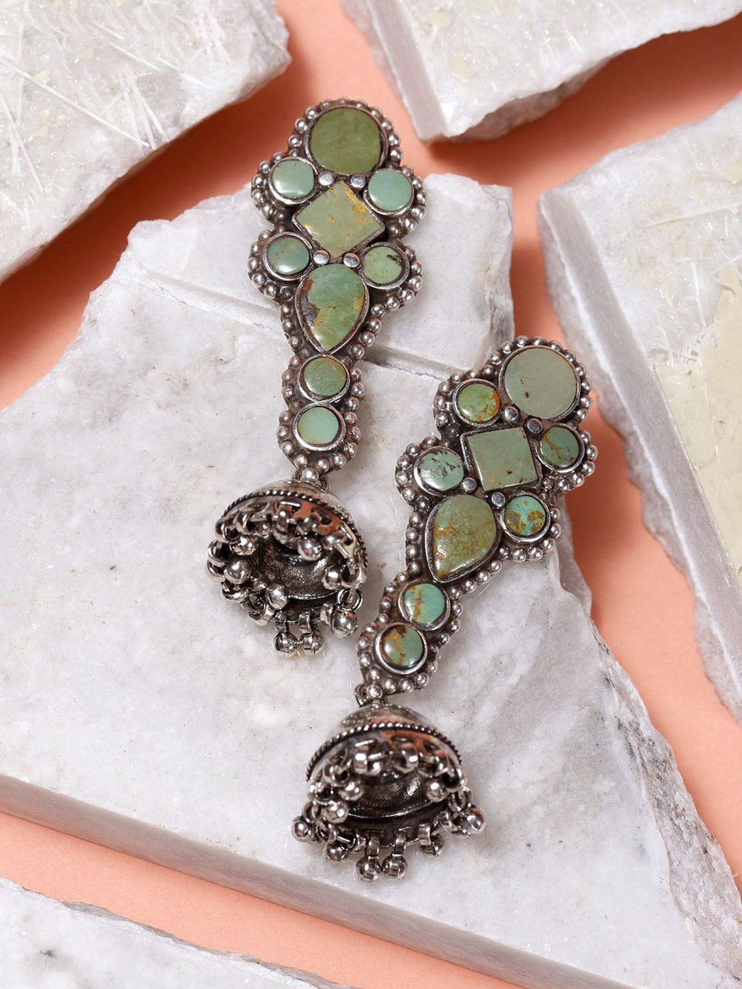 Exotic India Tibetan Turquoise Sterling Silver Jhumki Earrings