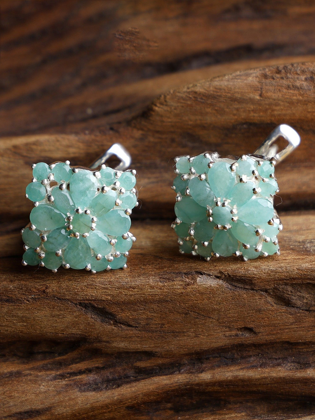 Exotic India Faceted Emeralds Gemstone Diamond Shaped Sterling Silver Earrings