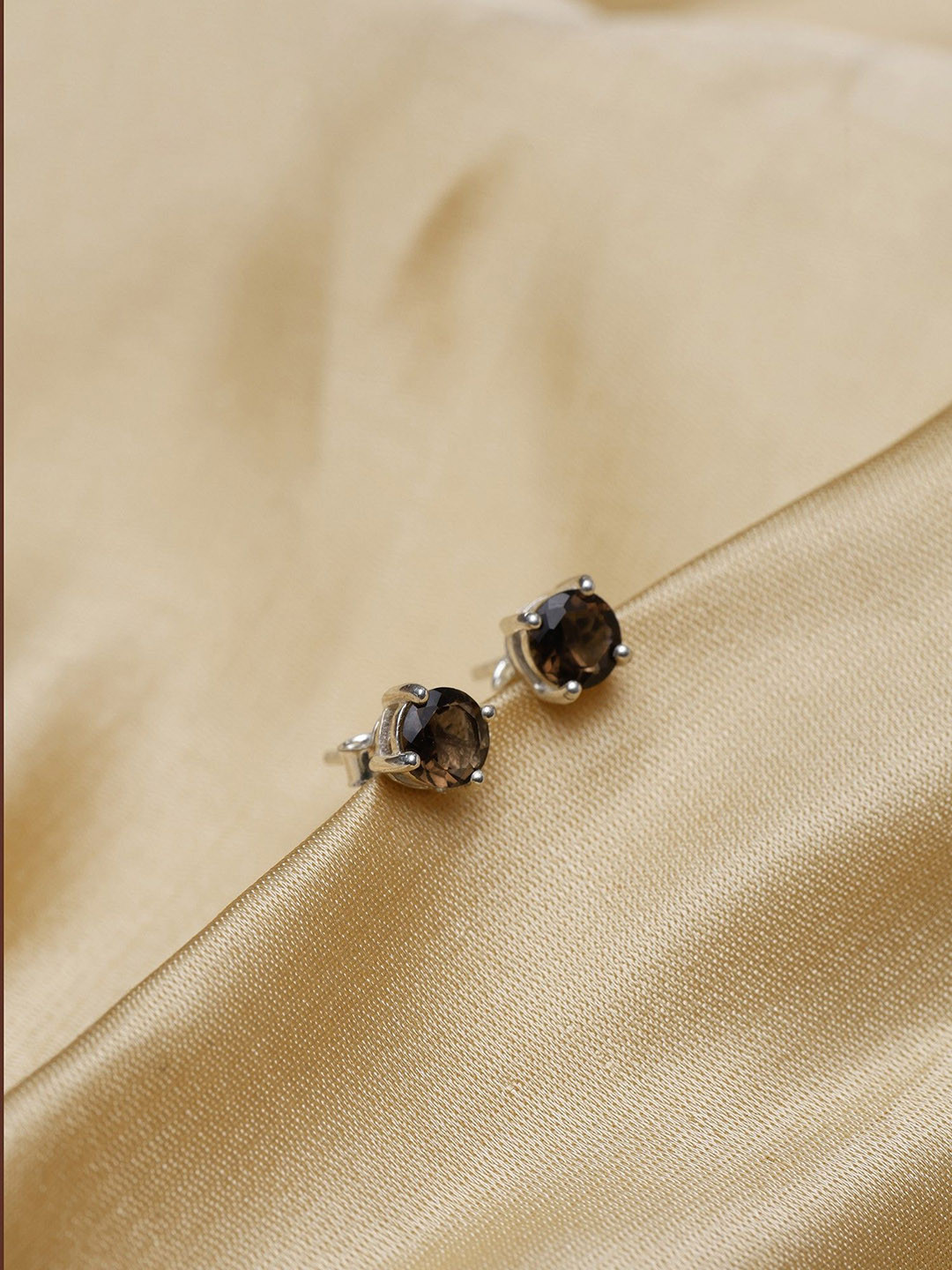 Exotic India Faceted Smokey Gemstone Round Shape Sterling Silver Stud Earrings