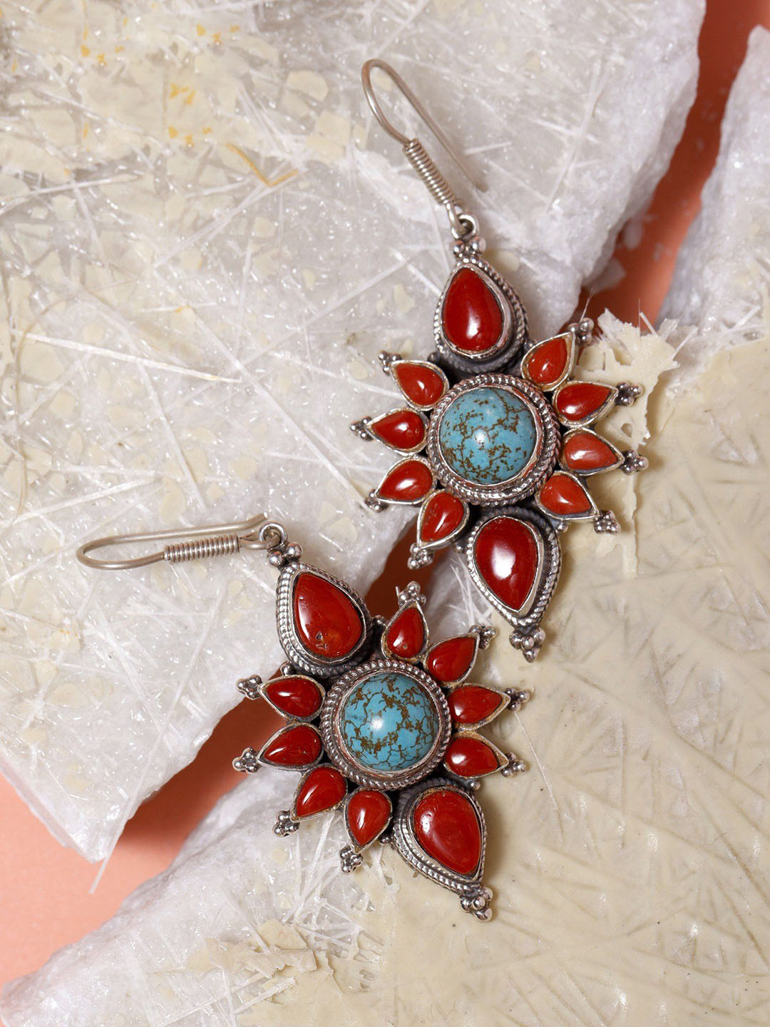Exotic India Coral and Tibetan Turquoise Floral Design Sterling Silver Earrings