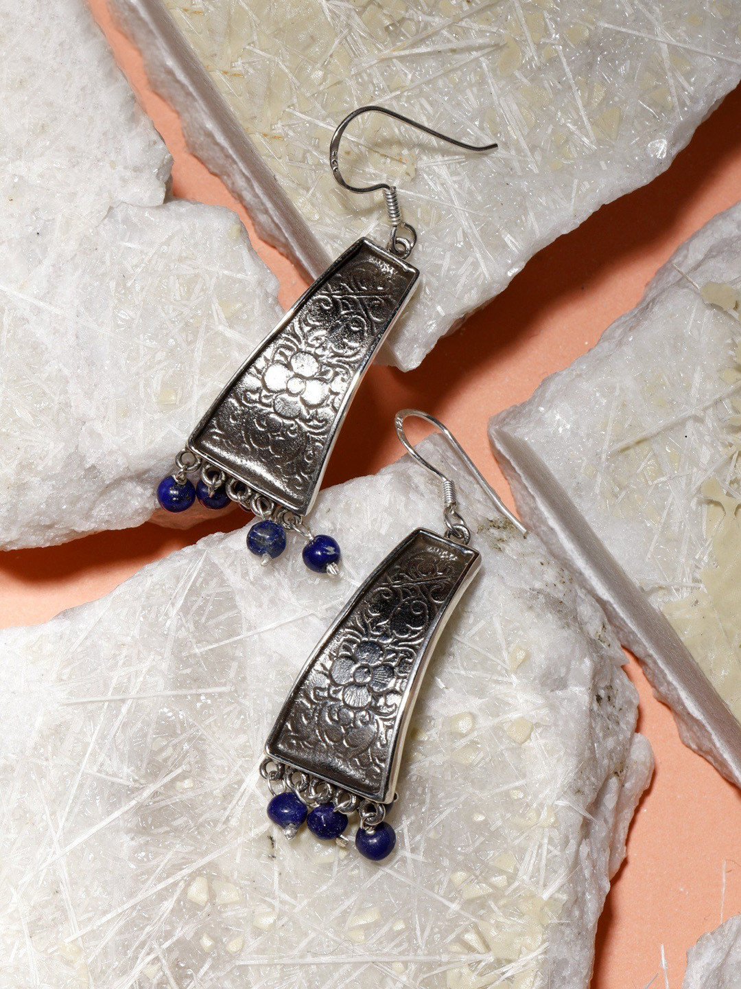 Exotic India Lapis Lazuli Engraved Flowers Sterling Silver Hook Earrings