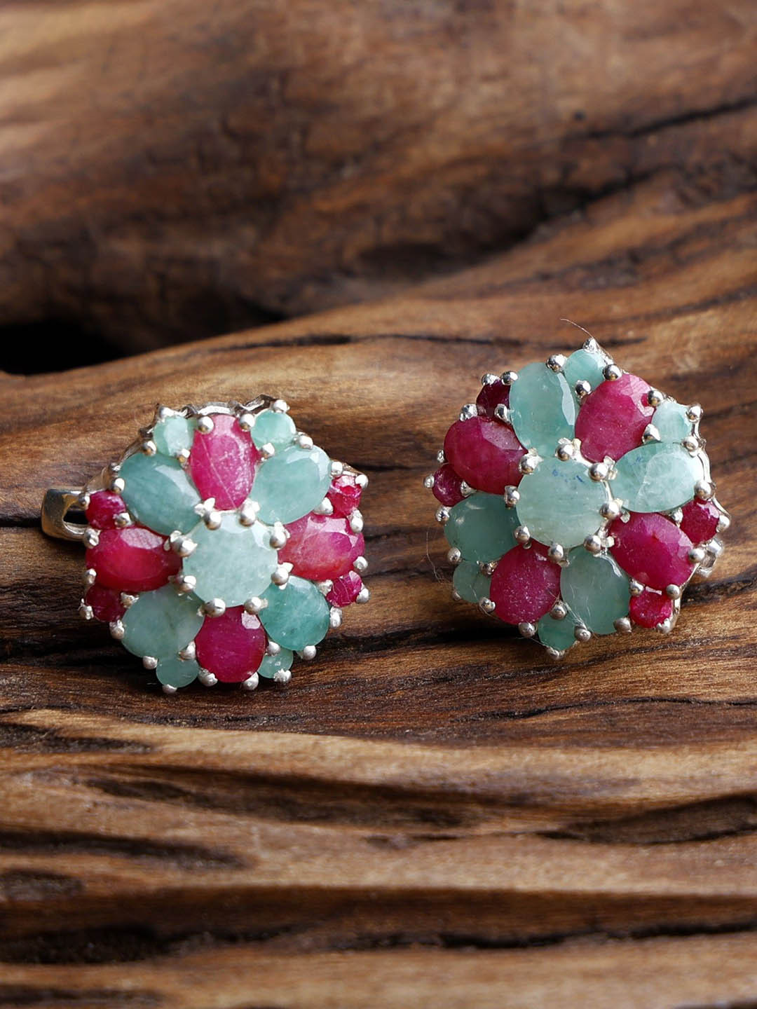 Exotic India Ruby and Emerald Gemstone Sterling Silver Earrings