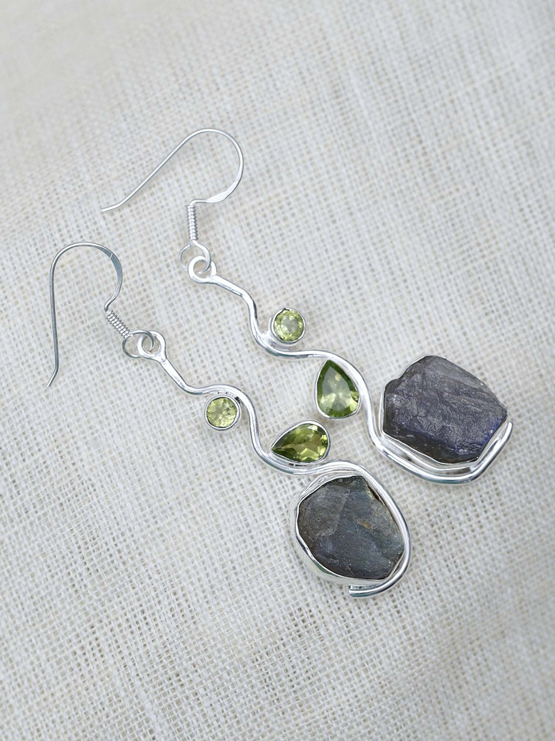 Exotic India Raw Lapis Lazuli And Peridot Gemstone Sterling Silver Dangle Earrings