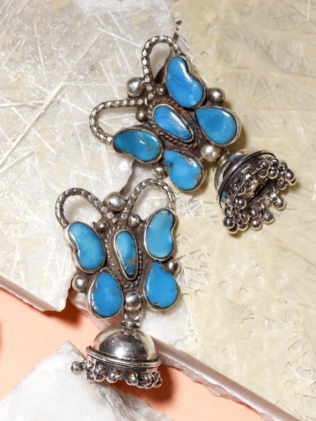 Exotic India Arizona Turquoise Sterling Silver Butterfly Design Jhumki Earrings