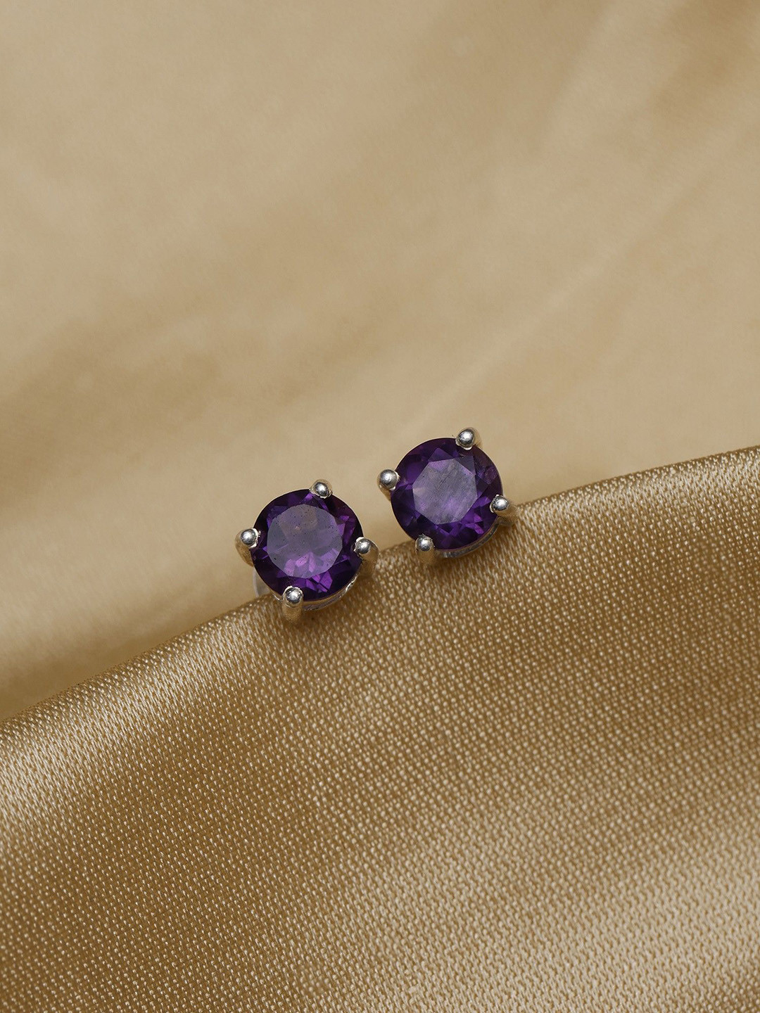 Exotic India Faceted Amethyst Gemstone Round Shape Sterling Silver Stud Earrings