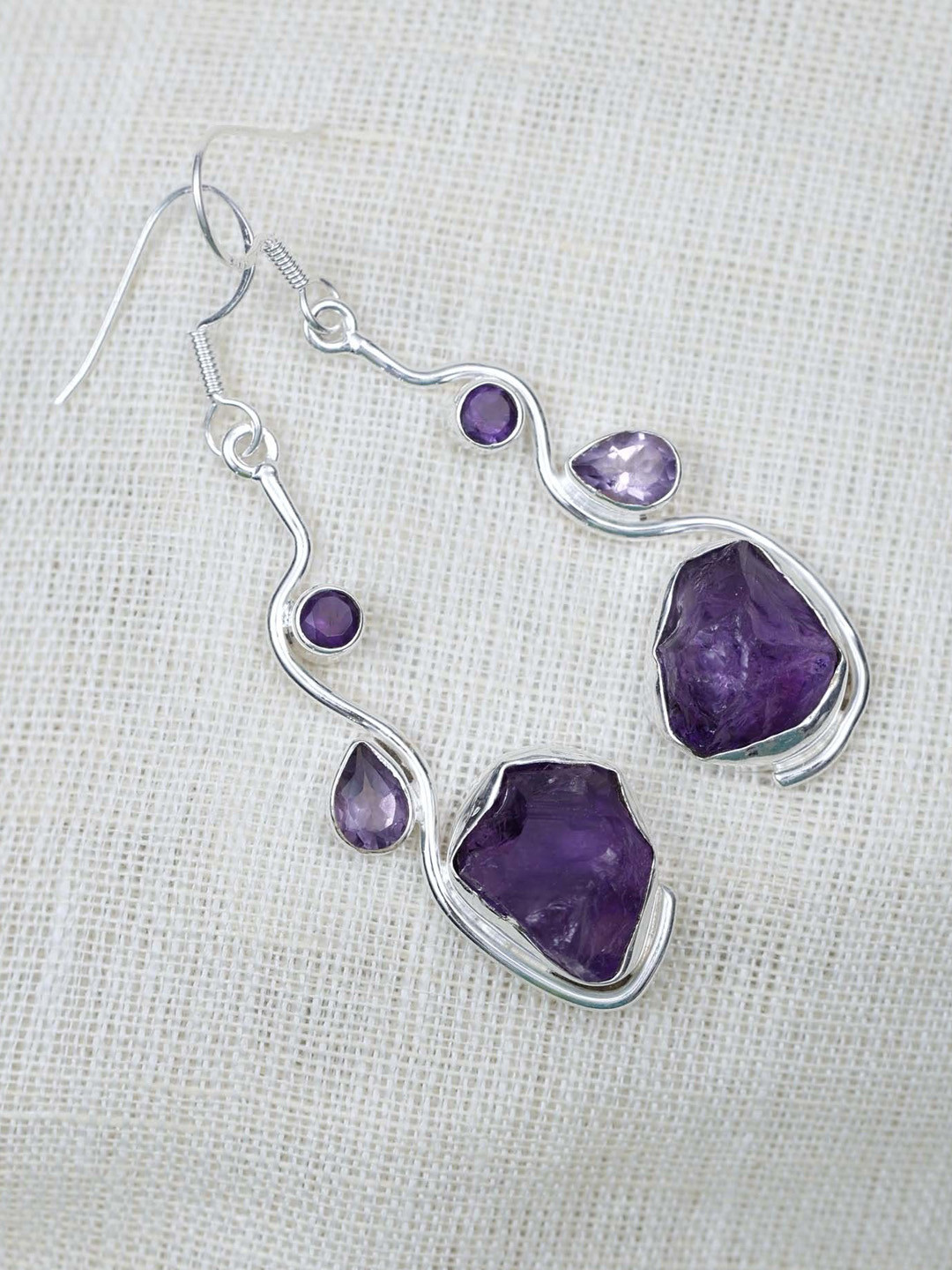Exotic India Raw Amethyst Gemstone Sterling Silver Dangle Earrings
