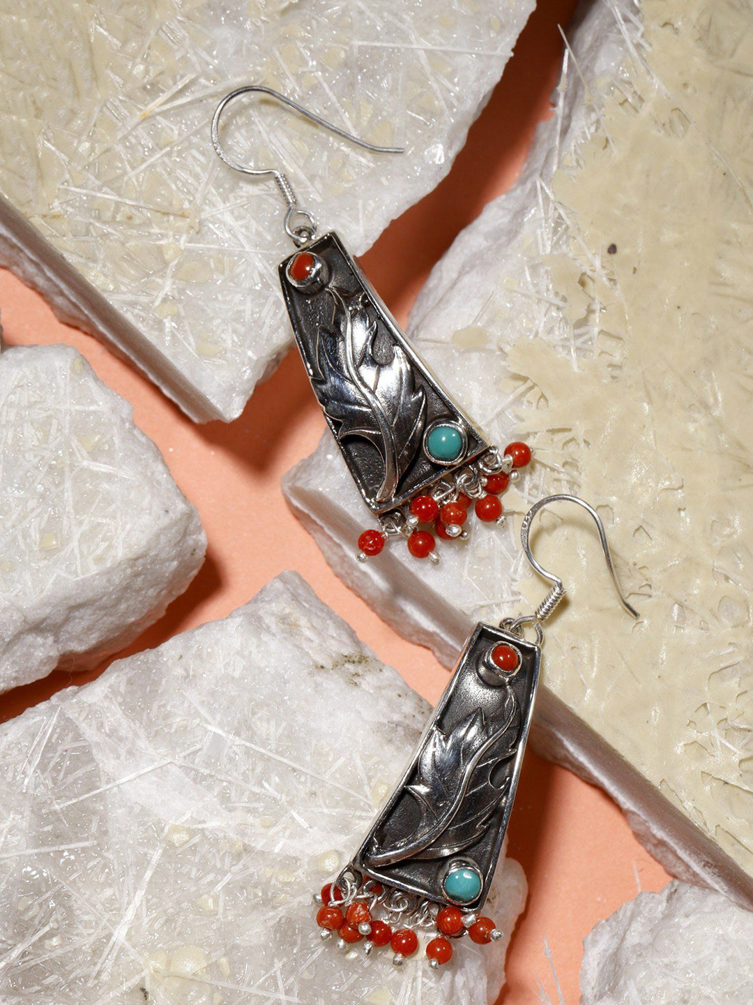 Exotic India Coral and Turquoise Sterling Silver Leaf Earrings