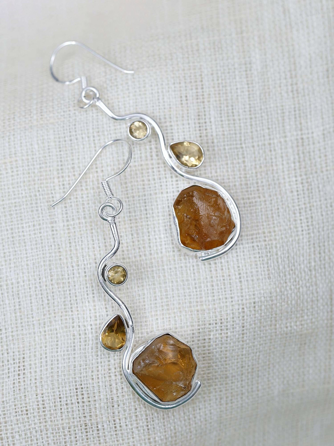 Exotic India Raw Citrine Gemstone Sterling Silver Dangle Earrings