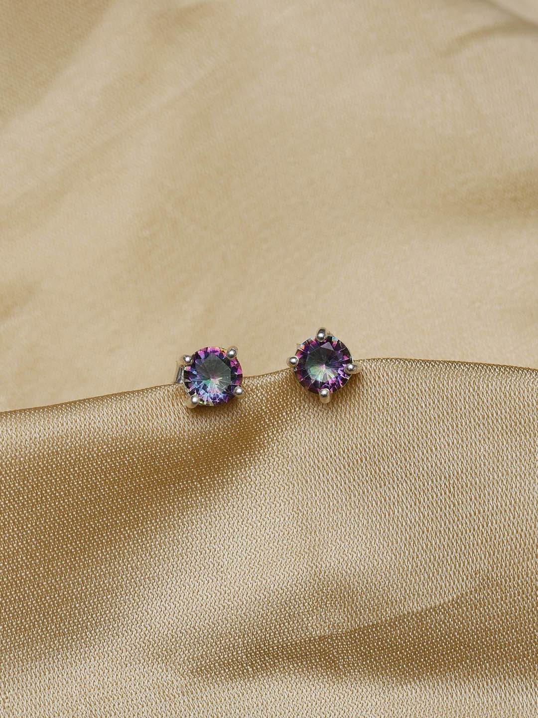 Exotic India Faceted Mystic Topaz Gemstone Round Shape Sterling Silver Stud Earrings