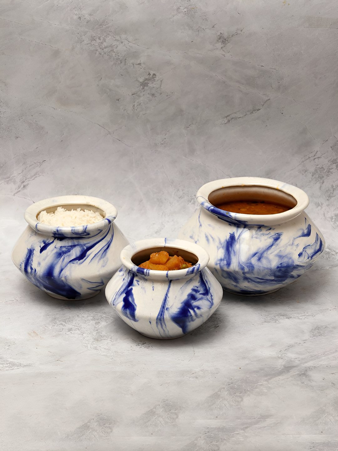 Unravel India White & Blue 3 Pieces Printed Ceramic Serving Handi