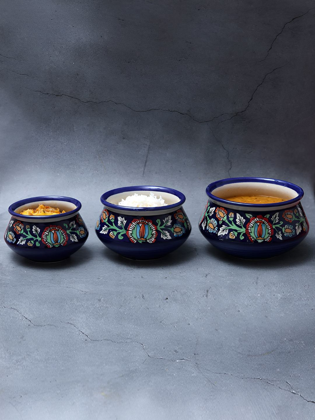 Unravel India Blue & Green 3 Pieces Printed Easy to Clean Ceramic Serving Handi