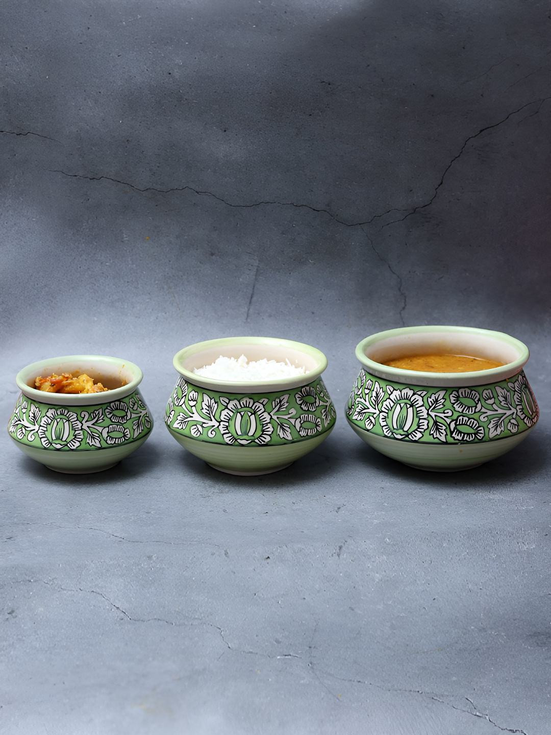 Unravel India Green & White 3 Pieces Printed Easy to Clean Ceramic Serving Handi