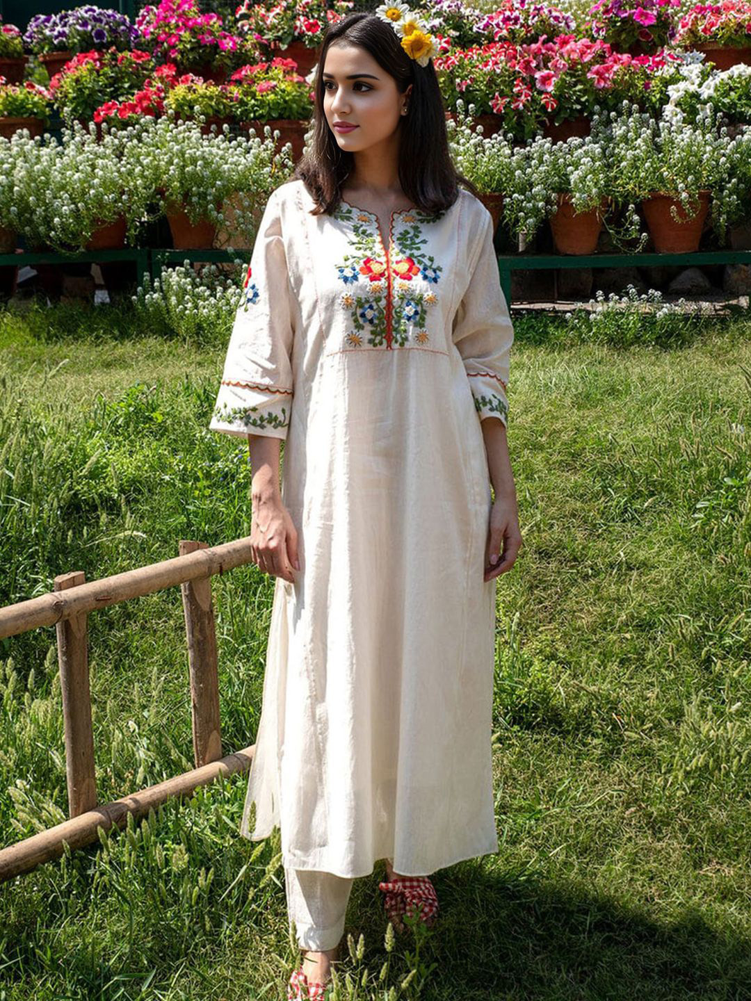 BLACK SCISSOR Floral Embroidered Thread Work Pure Cotton A-Line Kurta With Trousers