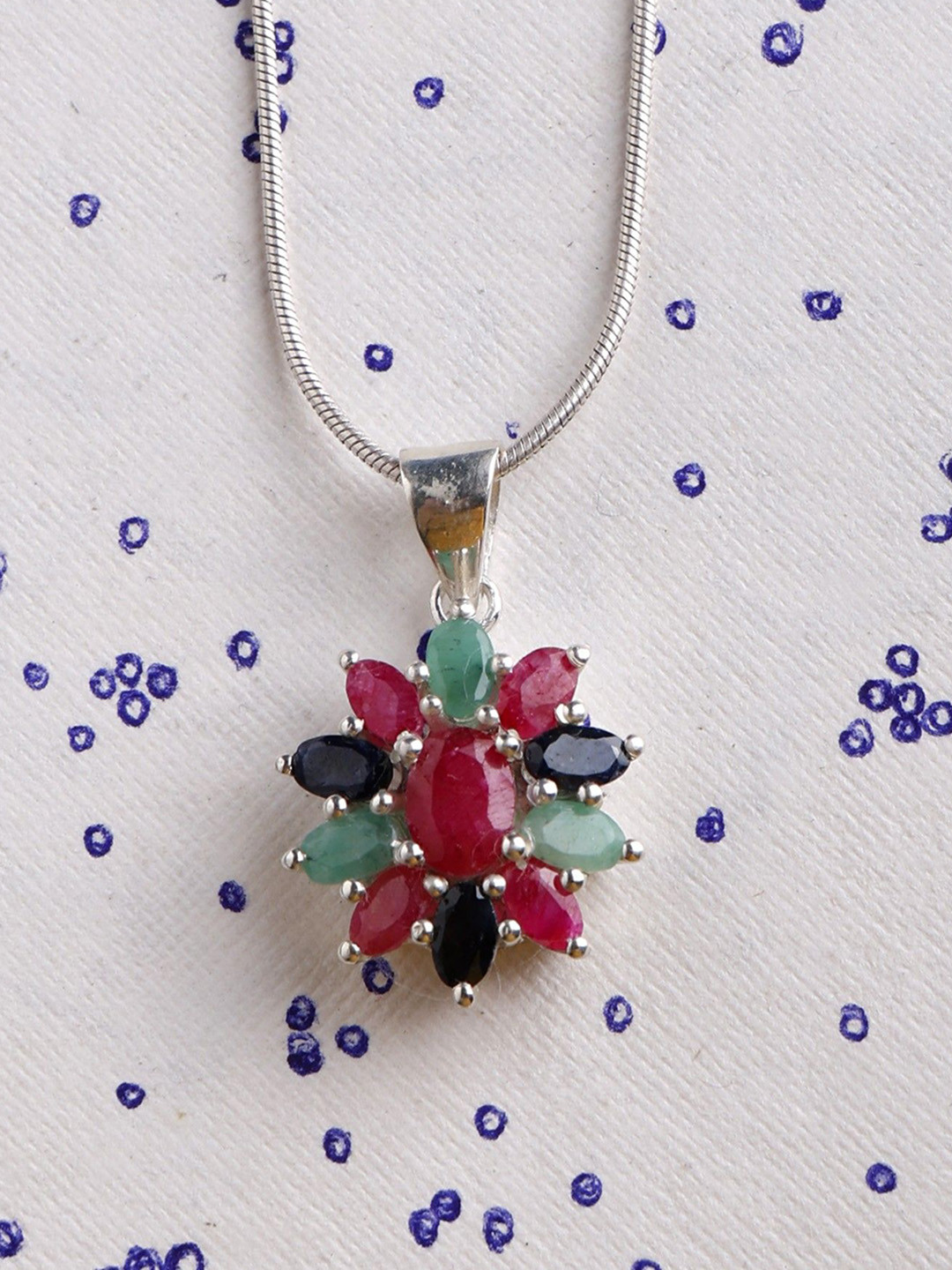 Exotic India Faceted Tri-Color Gemstone Sterling Silver Pendant