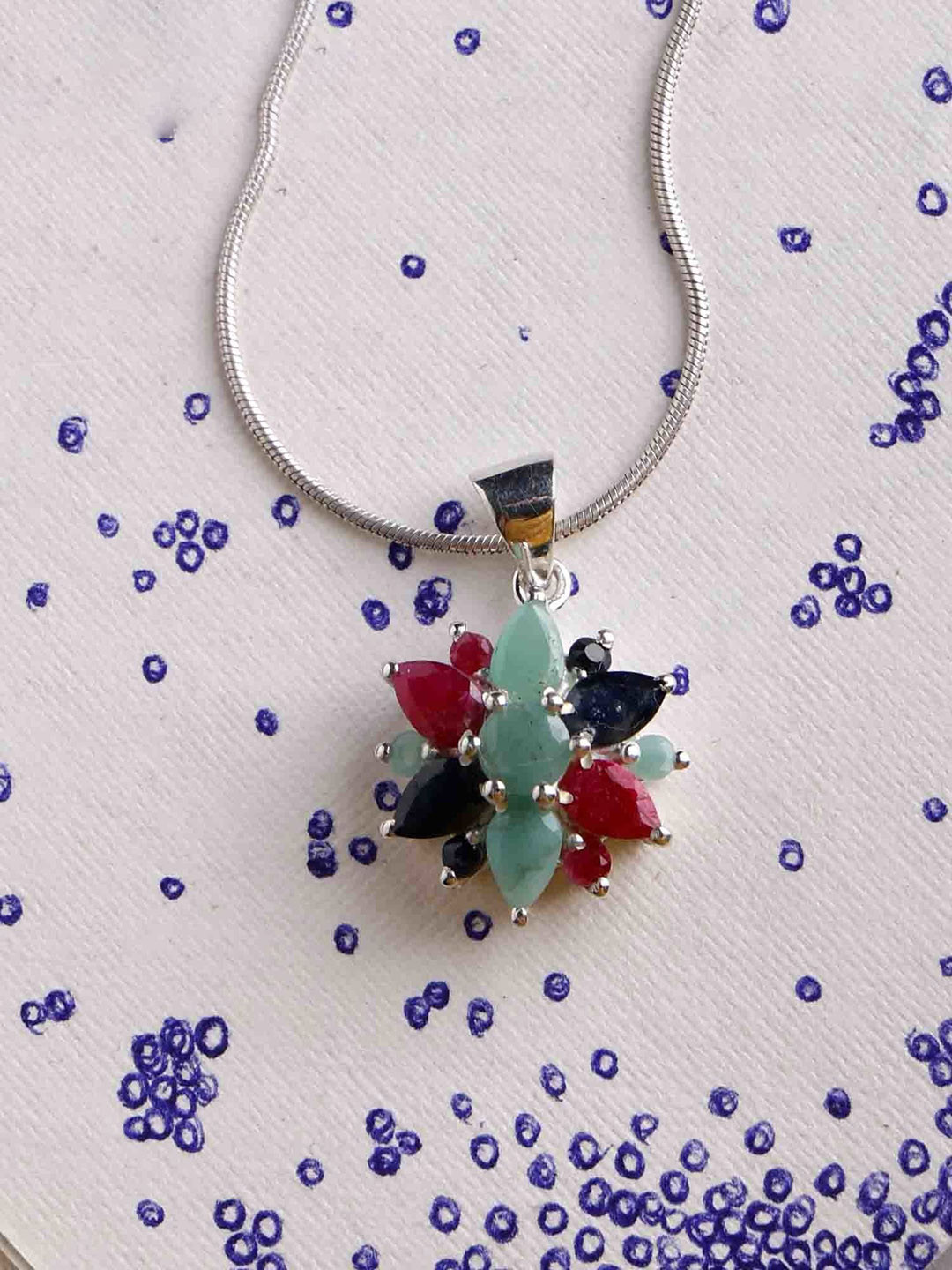 Exotic India Sapphire, Ruby and Emerald Gemstone Superfine Sterling Silver Pendant