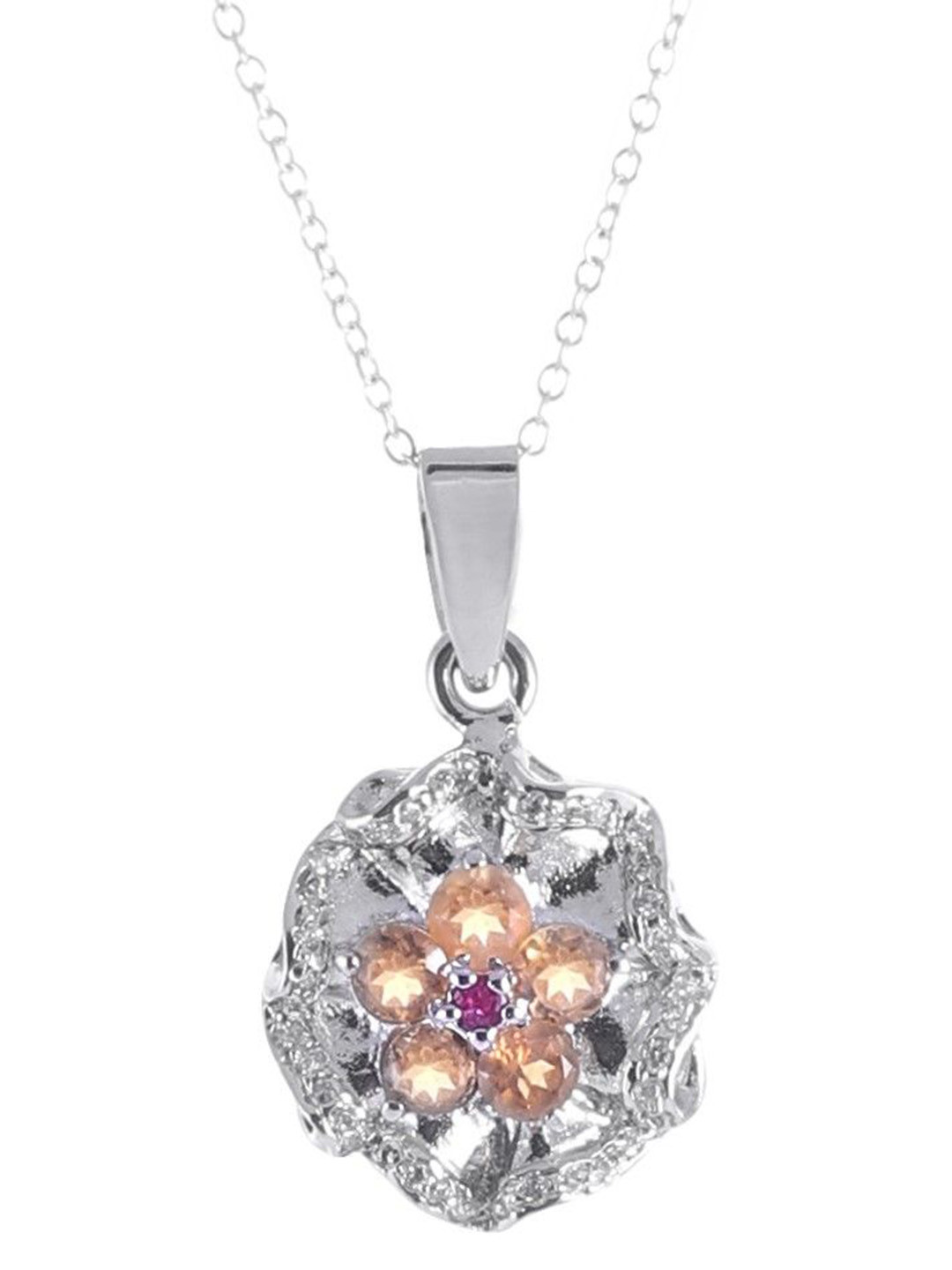 Exotic India Yellow Topaz With Ruby Gemstones with Cubic Zirconia Sterling Silver Pendant