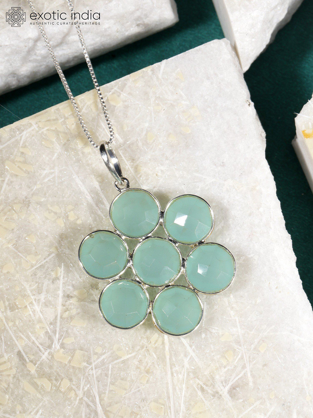 Exotic India Faceted Aqua Chalcedony Sterling Silver Pendant