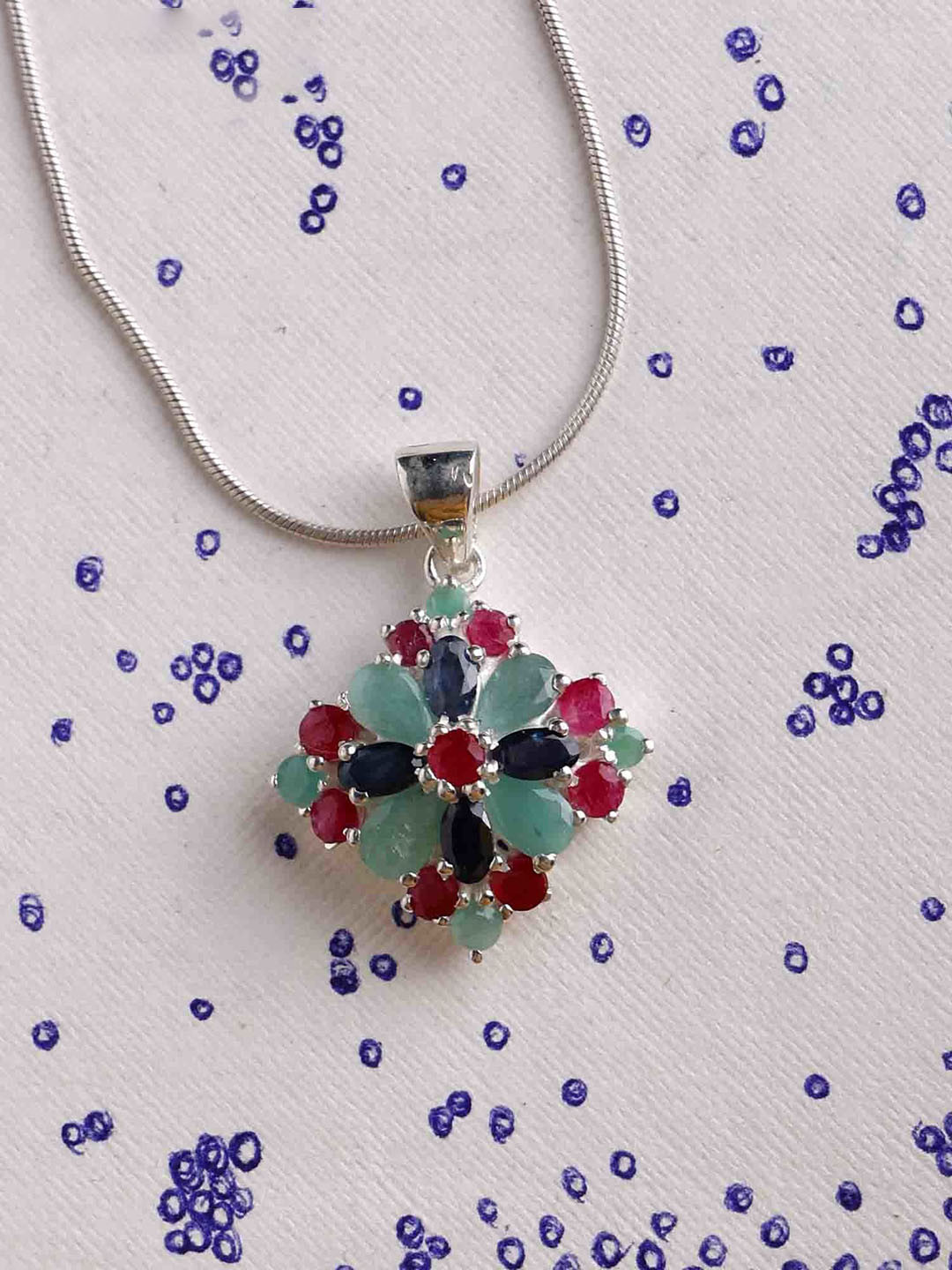 Exotic India Sapphire, Ruby & Emerald Gemstone Rhomboid Sterling Silver Pendant