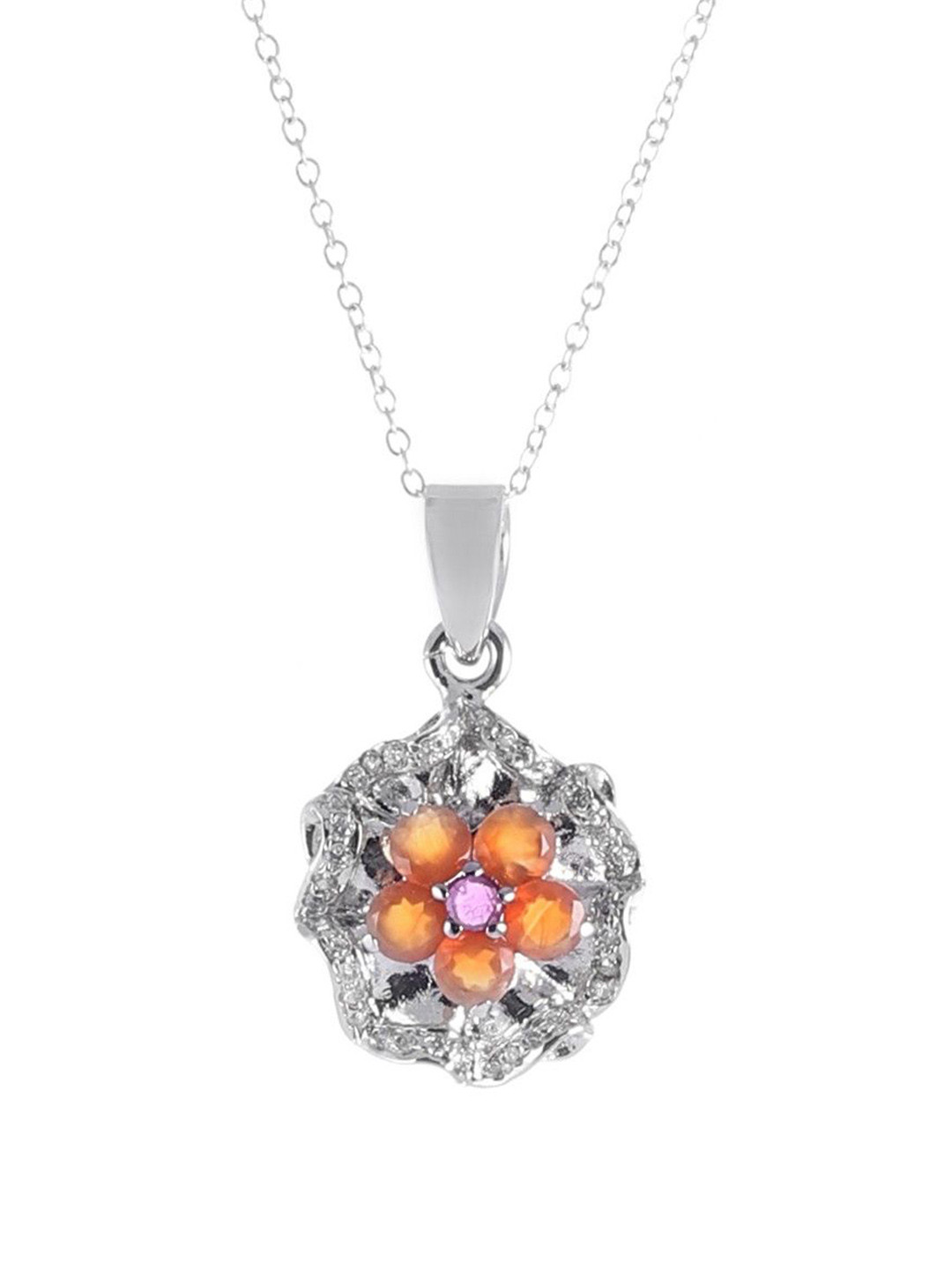 Exotic India Amethyst & Fanta Garnet Gemstone with Cubic Zirconia Sterling Silver Pendant