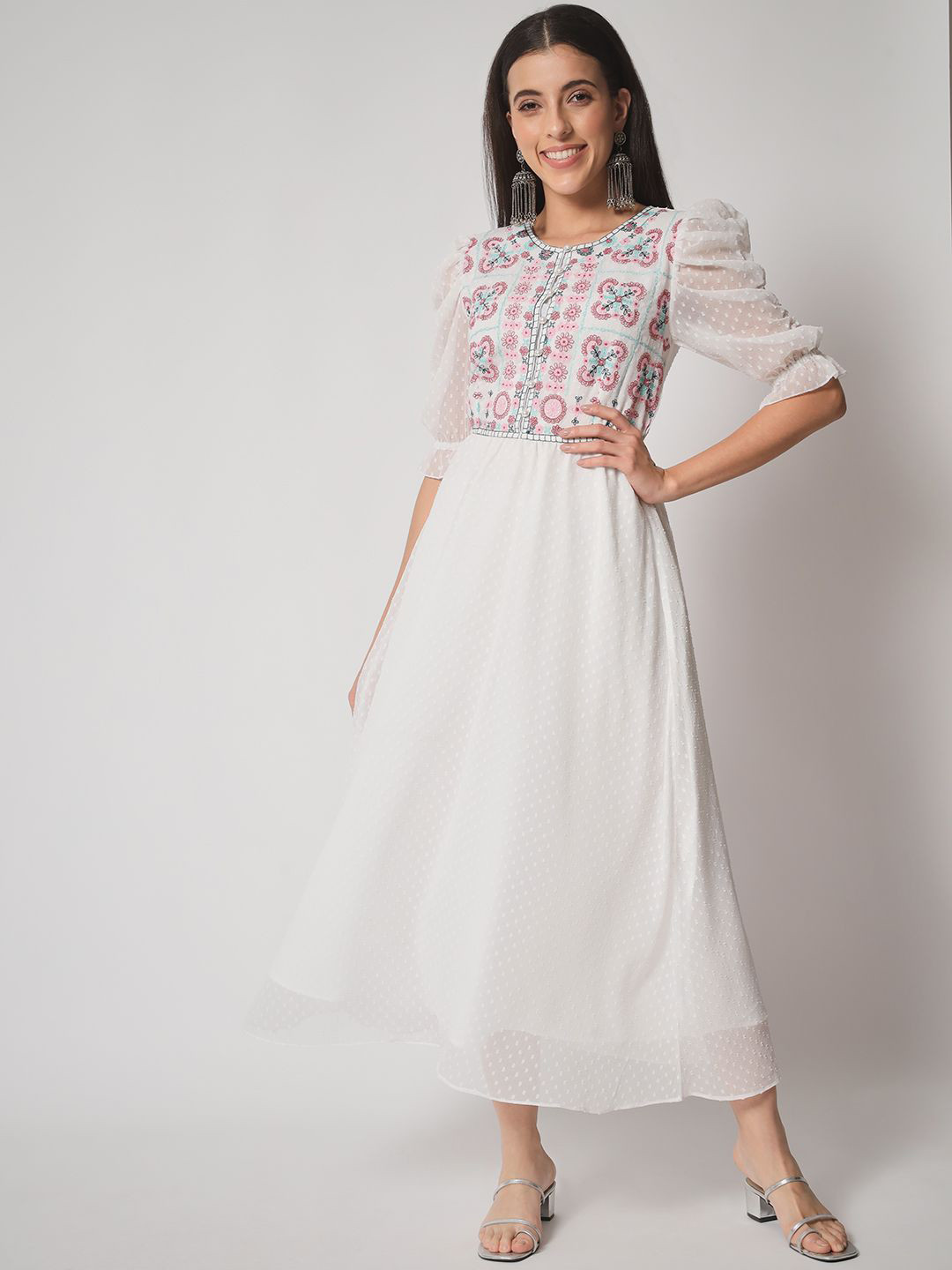 ARDITA Embroidered Chiffon Short Bell Sleeve A-Line Midi Dress